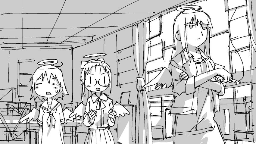 3girls =_= angel angel_wings blush_stickers character_request cigarette closed_eyes closed_mouth copyright_request cowboy_shot greyscale halo highres holding holding_cigarette indoors long_hair monochrome multiple_girls neckerchief open_mouth pleated_skirt sailor_collar school_uniform serafuku short_hair short_sleeves sketch skirt smile smoking standing tsukumizu_yuu upper_body wings