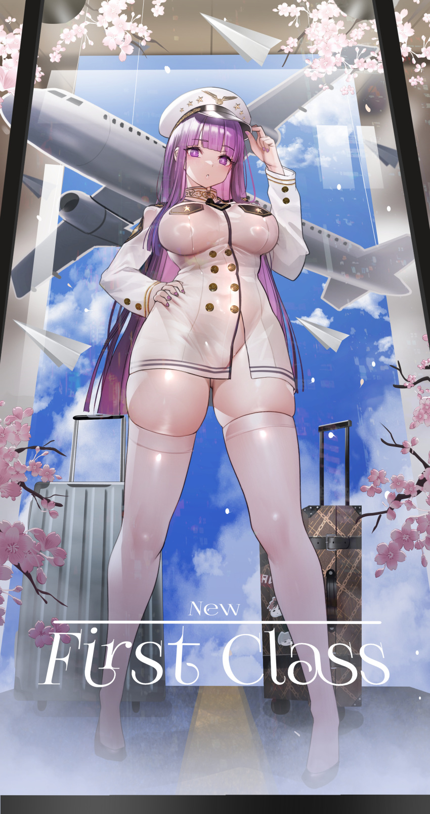 1girl absurdres aircraft airplane ass_visible_through_thighs blunt_bangs breasts cherry_blossoms commentary english_commentary english_text fern_(sousou_no_frieren) full_body hand_on_own_hip hand_up highres jacket large_breasts long_hair long_sleeves looking_at_viewer nail_polish paper_airplane purple_eyes purple_hair purple_nails rolling_suitcase solo sousou_no_frieren standing suitcase teddy_(khanshin) thick_thighs thighhighs thighs white_hat white_jacket white_thighhighs