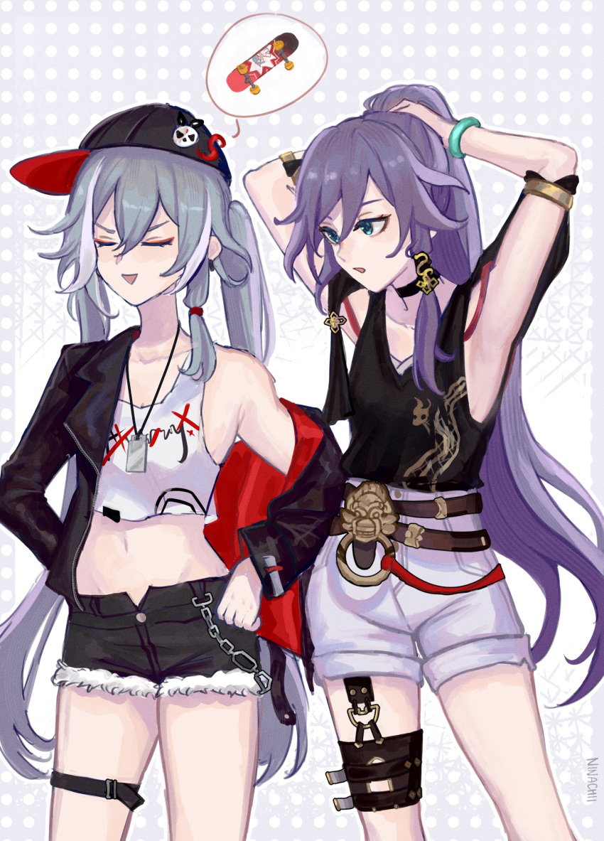 2girls adjusting_hair armpits arms_up baseball_cap black_choker black_hair black_jacket black_shirt black_shorts blue_eyes bracelet casual choker closed_eyes cowboy_shot denim denim_shorts dog_tags eyeliner fu_hua fu_hua_(herrscher_of_sentience) fu_hua_(night_squire) fu_hua_(rustic_noir) grey_background hat highres honkai_(series) honkai_impact_3rd jacket jewelry long_hair makeup multiple_girls navel ninachii open_clothes open_jacket open_mouth polka_dot polka_dot_background ponytail red_eyeliner shirt shorts smile stomach thigh_strap triangle_mouth v-shaped_eyebrows very_long_hair white_shirt white_shorts