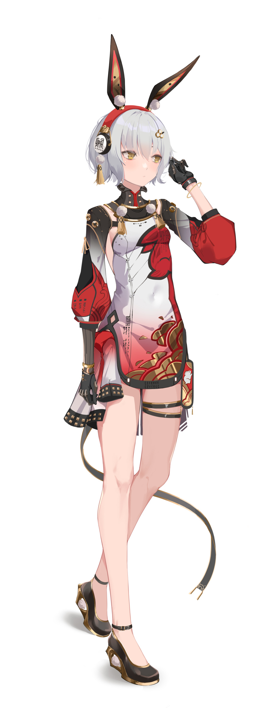 1girl absurdres animal_ears backless_dress backless_outfit bare_legs black_dress china_dress chinese_clothes dress fake_animal_ears grey_hair hair_between_eyes hair_ornament headphones high_collar highres hua_shui_dengpao karenina:_scire_(punishing:_gray_raven) karenina_(punishing:_gray_raven) long_hair mechanical_arms mechanical_hands medium_hair multicolored_clothes multicolored_dress official_alternate_costume punishing:_gray_raven rabbit_ears red_dress short_dress single_mechanical_arm single_mechanical_hand solo thighs white_background white_dress yellow_eyes