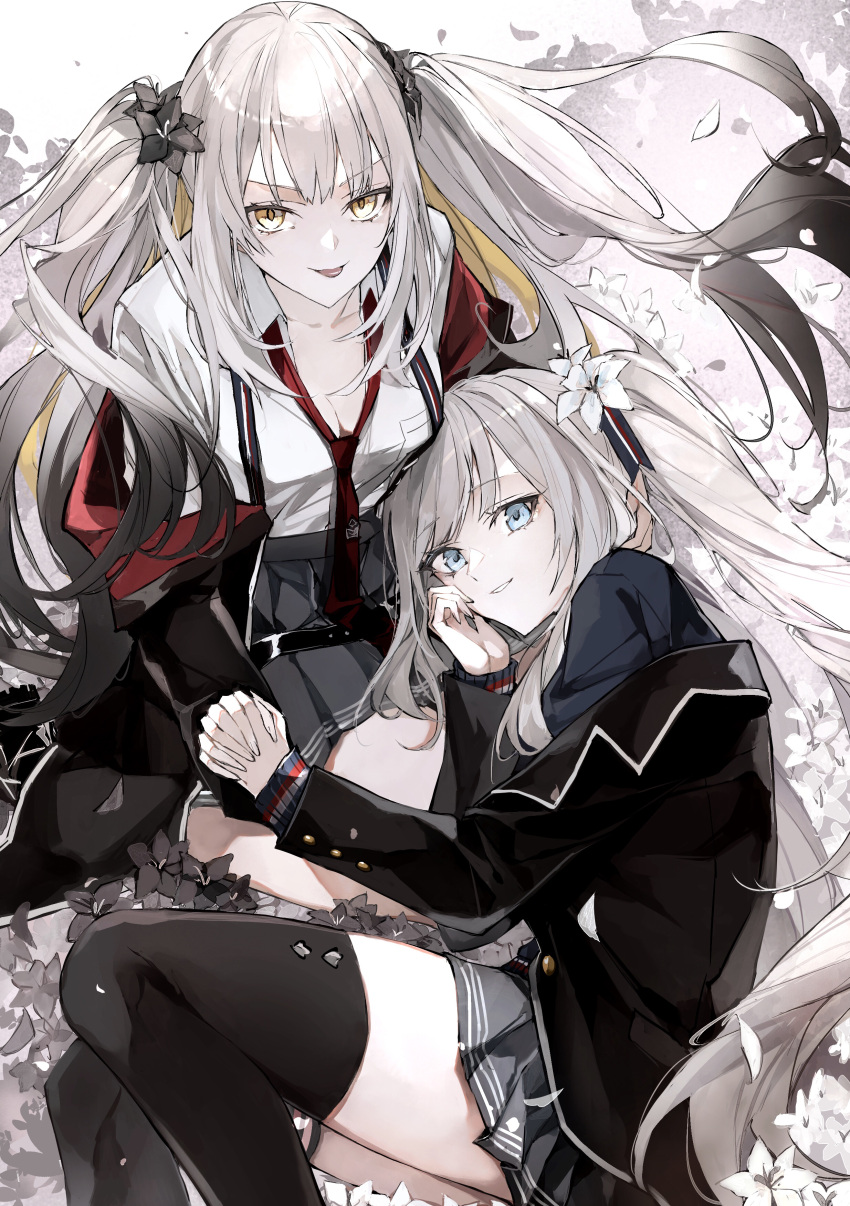 2girls absurdres blue_eyes breasts fate/grand_order fate_(series) gradient_hair grey_hair highres kino_kokko long_hair long_sleeves looking_at_viewer marie_antoinette_(alter)_(fate) marie_antoinette_(alter)_(first_ascension)_(fate) marie_antoinette_(fate) medium_breasts multicolored_hair multiple_girls school_uniform sidelocks skirt smile thighhighs thighs tongue tongue_out white_hair yellow_eyes
