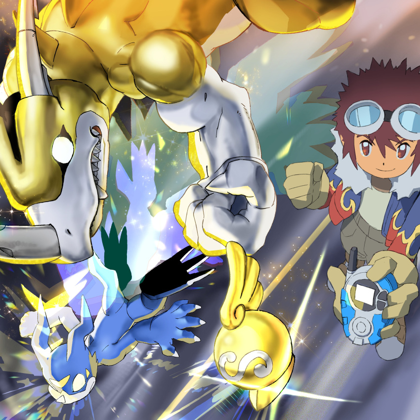 2boys absurdres alternate_universe blue_skin brown_eyes brown_gloves brown_hair clenched_hand colored_skin digimon digimon_adventure_02 digivice dragon evolution evolutionary_line flame_print fur_trim gloves glowing glowing_eyes goggles gold_skin goldv-dramon highres holding horns jacket level-00 male_focus midair motomiya_daisuke multiple_boys no_pupils print_jacket sharp_teeth short_hair shorts single_horn smile spiked_hair teeth transformation v-mon