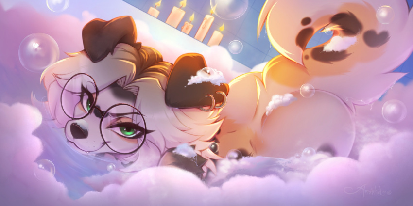 amarihel anthro bathing bathrub bathtub bedroom_eyes blonde_hair bubble canid canine canis domestic_dog ear_piercing ear_ring eyewear female fluffy fluffy_tail glasses green_eyes hair hi_res looking_at_viewer mammal narrowed_eyes nude partially_submerged piercing raised_tail ring_piercing round_glasses seductive smile solo suds tail water