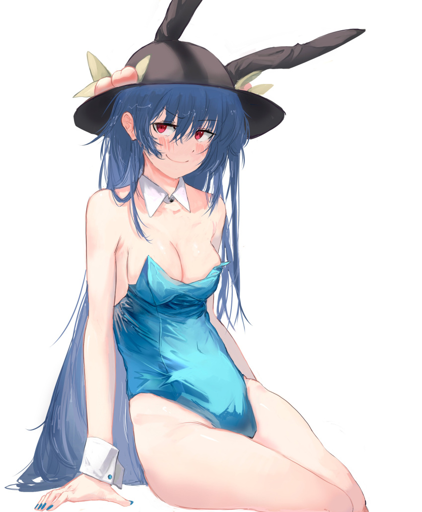 1girl absurdres animal_ears blue_hair blue_leotard blue_nails blush commentary commission detached_collar english_commentary hat highres hinanawi_tenshi leotard long_hair looking_at_viewer peach_hat_ornament playboy_bunny rabbit_ears red_eyes sitting solo sparkle71059204 touhou wrist_cuffs