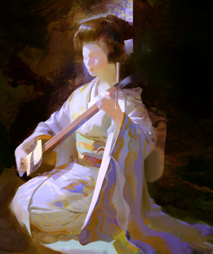 1girl brown_hair chiaroscuro closed_eyes closed_mouth dark_background expressionless faux_traditional_media full_body hair_bun highres holding holding_instrument instrument japanese_clothes kimono long_hair long_sleeves music obi original playing_instrument print_kimono sash seiza short_hair sitting solo wide_sleeves yuming_li