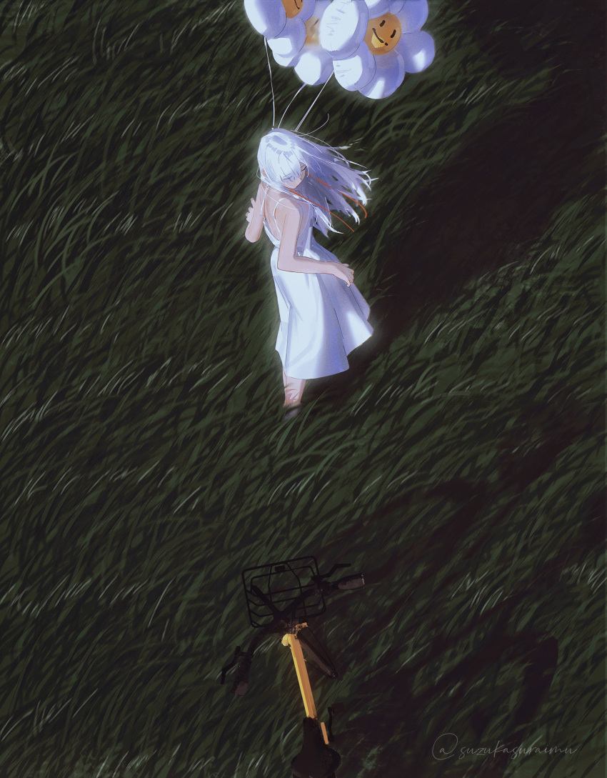 1girl absurdres balloon closed_eyes dress floating_hair flower_balloon from_above grass highres holding holding_balloon isekai_joucho kamitsubaki_studio long_hair outdoors sleeveless sleeveless_dress solo standing suzukasuraimu virtual_youtuber white_dress white_hair