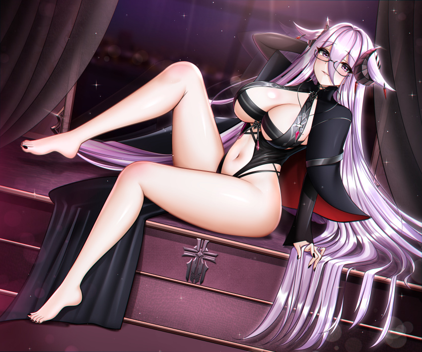 1girl absurdres azur_lane barefoot black_horns black_nails breasts brown_curtains cleavage clothing_cutout commentary curled_horns curtains forward_facing_horns friedrich_carl_(azur_lane) full_body gem hand_in_own_hair highres horns huge_breasts indoors iron_blood_(emblem) itacho_(itasha_draws) long_hair looking_at_viewer nail_polish navel purple_eyes purple_gemstone purple_hair rectangular_eyewear semi-rimless_eyewear sitting solo stomach_cutout toenail_polish toenails very_long_hair