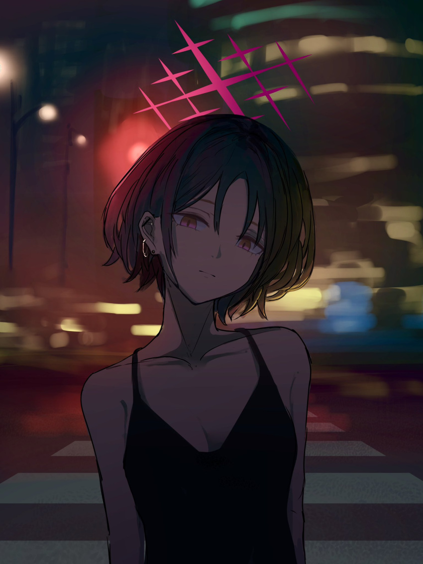 1girl aka_afl_o black_hair black_tank_top blue_archive blurry blurry_background building city collarbone ear_piercing earrings halo highres jewelry lamppost misaki_(blue_archive) piercing red_eyes red_halo road short_hair skyscraper solo street tank_top upper_body