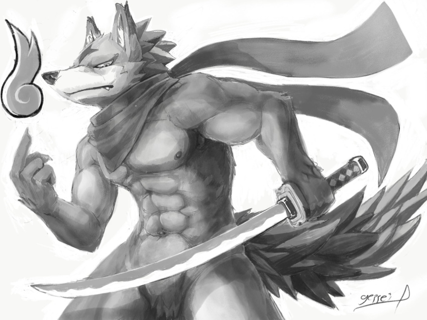2017 abs anthro athletic athletic_anthro athletic_male canid canine cheek_tuft countershading digital_media_(artwork) facial_tuft fangs geppei5959 grey_nipples grey_scarf grey_tail greyscale hi_res holding_katana holding_object holding_sword holding_weapon katana kemono looking_at_viewer male mammal melee_weapon monochrome mostly_nude nipples pecs scarf scarf_only simple_background solo sword tail tail_tuft teeth tuft weapon white_background