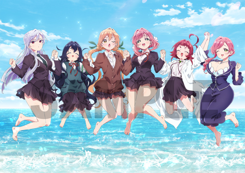 6+girls :3 :d ;d antenna_hair arm_up armband artist_request asymmetrical_hair barefoot blazer blue_hair blue_sky blunt_ends blush bolo_tie breasts brown_cardigan buttons cardigan cleavage closed_eyes closed_jacket cloud coat collared_shirt day dot_nose double-parted_bangs dress_shirt eiai_nano eyelashes facing_up facing_viewer fingernails flat_chest flower flower_necklace frilled_sleeves frills full_body green_armband green_eyes green_necktie green_ribbon green_sweater_vest grey_hair hair_between_eyes hair_bun hair_flower hair_intakes hair_ornament hair_over_shoulder hair_ribbon hanazono_hahari hanazono_hakari hands_up heart heart_in_mouth holding_hands huge_breasts inda_karane interlocked_fingers jacket jumping kimi_no_koto_ga_dai_dai_dai_dai_daisuki_na_100-nin_no_kanojo knees_together_feet_apart lab_coat lapels large_breasts light_brown_hair lineup lone_nape_hair long_bangs long_hair long_skirt long_sleeves looking_at_viewer looking_up loose_hair_strand low-cut low_twintails mature_female medium_hair miniskirt mole mole_under_eye mother_and_daughter multiple_girls nail_polish neck_ribbon necklace_between_breasts necktie notched_lapels ocean official_art one_eye_closed open_mouth outdoors oversized_clothes pencil_skirt pink_hair pink_nails pleated_skirt purple_jacket purple_shirt purple_skirt red_eyes red_hair red_ribbon ribbon ringlets sample_watermark school_uniform shirt shirt_tucked_in short_bangs short_eyebrows short_messy_bangs side-by-side sidelocks skirt sky sleeves_rolled_up smile sparkle suspender_skirt suspenders sweater_vest swept_bangs teeth thick_eyebrows thick_thighs thighs toenail_polish toenails triangle_mouth twintails upper_teeth_only v-neck very_long_hair watermark waves wavy_hair white_coat white_flower white_shirt yakuzen_kusuri yellow_eyes yoshimoto_shizuka