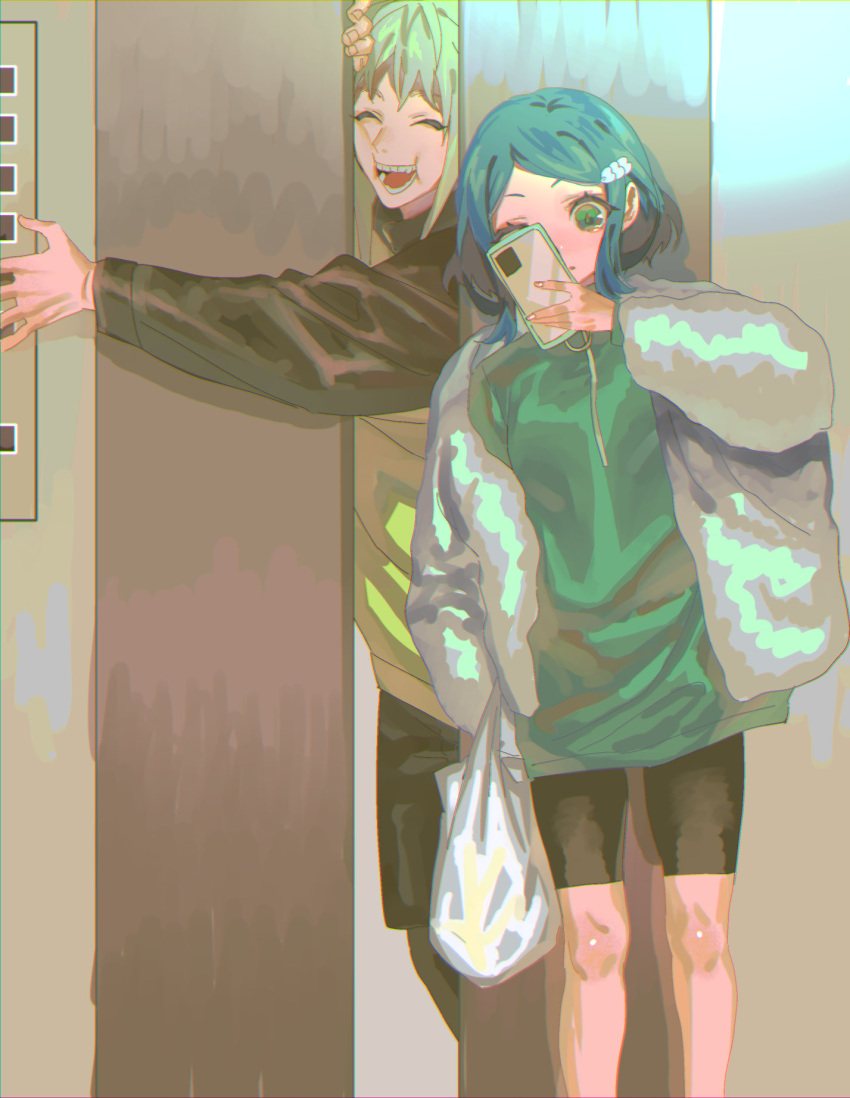 1boy 1girl :d ^_^ anchiki_shou bad_id bad_twitter_id bag black_shorts blue_hair cellphone closed_eyes elevator elevator_door facing_viewer feet_out_of_frame green_eyes green_shirt hand_up highres holding holding_bag holding_phone indoors jacket king_of_prism_by_prettyrhythm long_sleeves open_mouth outstretched_arm phone plastic_bag pretty_rhythm pretty_series puffy_long_sleeves puffy_sleeves rinne_(pretty_rhythm) shine_(pretty_series) shirt short_hair shorts smartphone smile standing stuck white_jacket