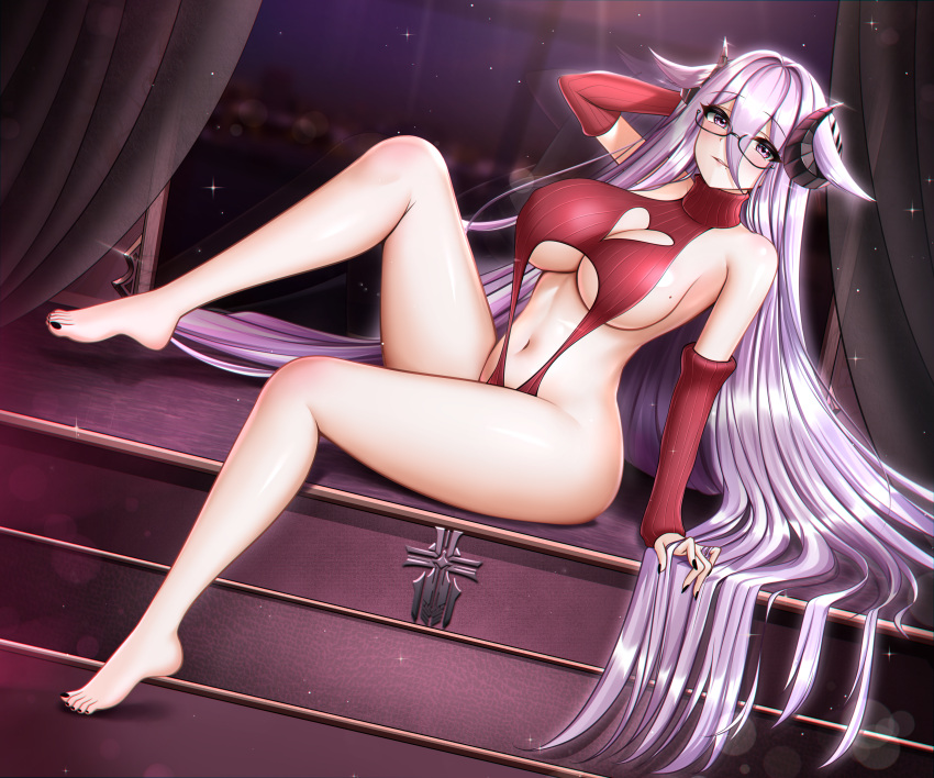 1girl absurdres azur_lane black_footwear black_horns black_nails breasts brown_curtains cleavage cleavage_cutout clothing_cutout commentary curled_horns curtains detached_sleeves forward_facing_horns friedrich_carl_(azur_lane) full_body hand_in_own_hair heart_cutout highres horns huge_breasts indoors iron_blood_(emblem) itacho_(itasha_draws) long_hair looking_at_viewer nail_polish navel one-piece_swimsuit purple_eyes purple_hair rectangular_eyewear red_one-piece_swimsuit red_sleeves semi-rimless_eyewear sitting solo swimsuit toenail_polish toenails very_long_hair