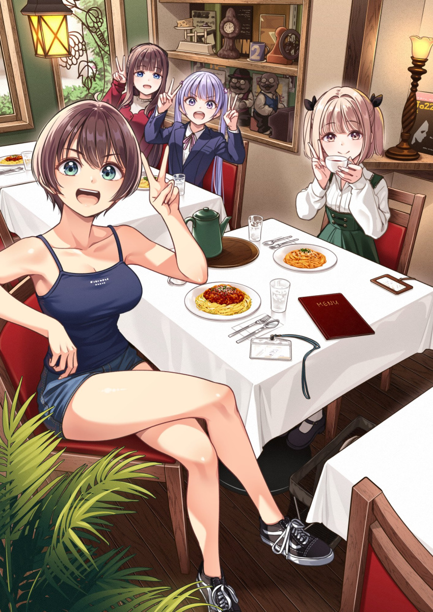 4girls blonde_hair blue_eyes brown_eyes brown_hair camisole food green_eyes highres iijima_yun long_hair looking_at_viewer multiple_girls new_game! official_art pasta purple_eyes purple_hair red_sweater ribbon shinoda_hajime short_hair shorts suit suzukaze_aoba sweater takimoto_hifumi taking_picture tokunou_shoutarou twintails v