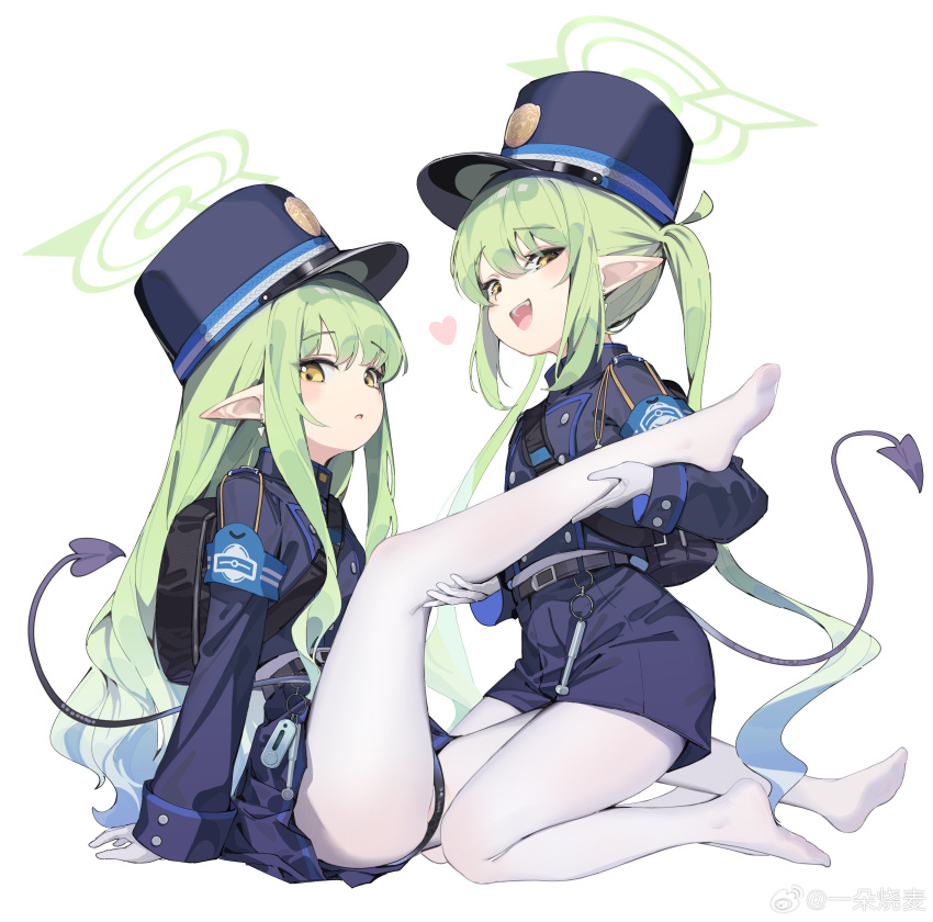 2girls absurdres ass black_hat black_jacket black_shorts black_skirt black_tail blue_archive blush buttons demon_tail double-breasted earrings gloves green_hair green_halo halo hat heart highlander_sidelocks_conductor_(blue_archive) highlander_twintails_conductor_(blue_archive) highres jacket jewelry long_hair long_sleeves multiple_girls open_mouth pantyhose peaked_cap pleated_skirt pointy_ears shorts sidelocks simple_background skirt smile tail twintails white_background white_gloves white_pantyhose yamano_(yamanoh) yellow_eyes