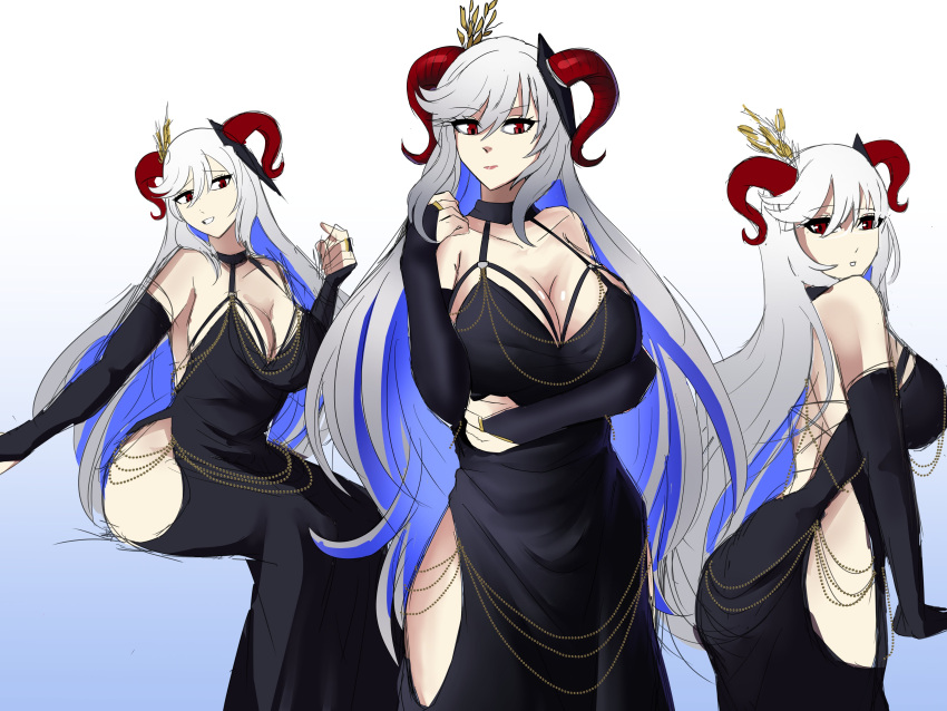 1girl absurdres ass backless_dress backless_outfit bare_shoulders black_dress blue_hair breasts chain cleavage cocktail_dress criss-cross_back-straps curled_horns dress elbow_gloves evening_gown fire_emblem fire_emblem_heroes freyja_(fire_emblem) gloves goat_horns gold_chain gradient_background grey_hair hair_ornament halter_dress halterneck highres hip_vent horns large_breasts large_horns long_hair looking_at_viewer low_neckline ludook meme_attire modakawa_dress multicolored_hair multiple_views open_clothes open_dress open_mouth red_eyes red_horns sitting sleeveless sleeveless_dress smile standing taut_clothes taut_dress tight_clothes tight_dress white_hair