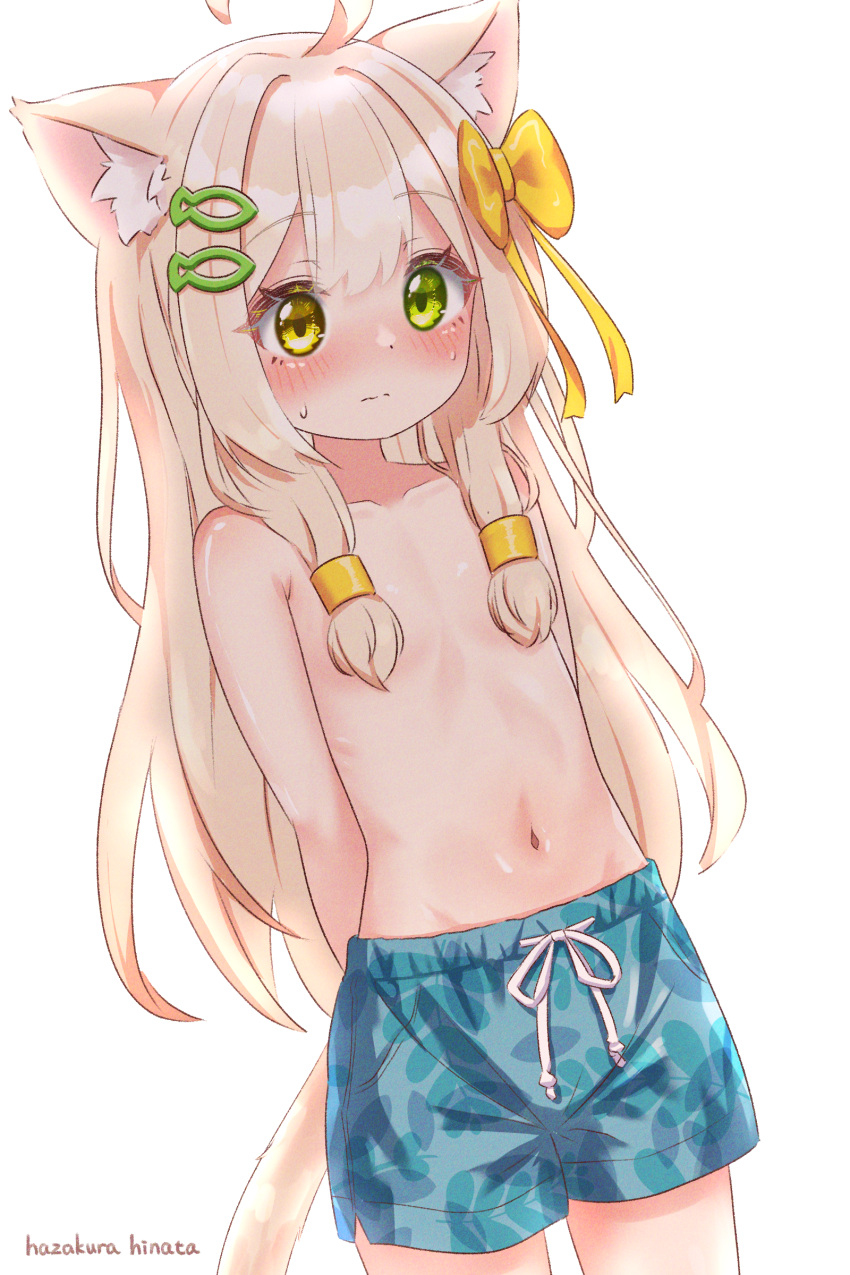 1girl absurdres animal_ear_fluff animal_ears arms_behind_back artist_name blonde_hair bow cat_ears cat_girl cat_tail commentary_request embarrassed fish_hair_ornament green_eyes hair_bow hair_censor hair_ornament hair_over_breasts hazakura_hinata heterochromia highres kurumi_(hazakura_hinata) long_hair male_swimwear male_swimwear_challenge navel original simple_background solo stomach sweat swim_trunks tail topless variant_set white_background yellow_eyes