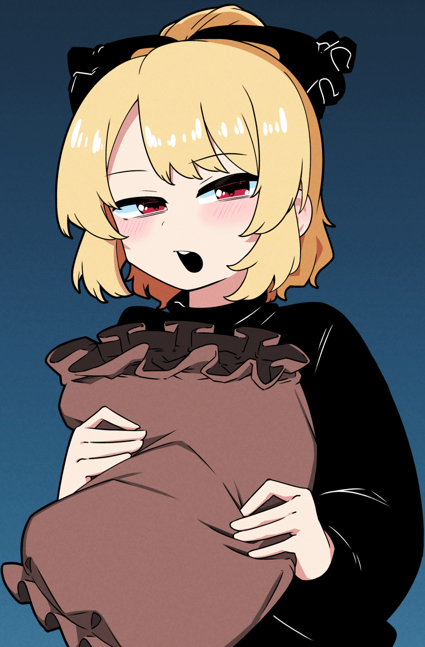 1girl absurdres black_bow black_shirt blonde_hair blue_background blush bow commentary_request hair_bow hair_bun highres holding holding_pillow kurodani_yamame long_sleeves looking_at_viewer medium_bangs open_mouth pillow red_eyes rinyamame shirt short_hair simple_background single_hair_bun solo teeth touhou upper_body upper_teeth_only