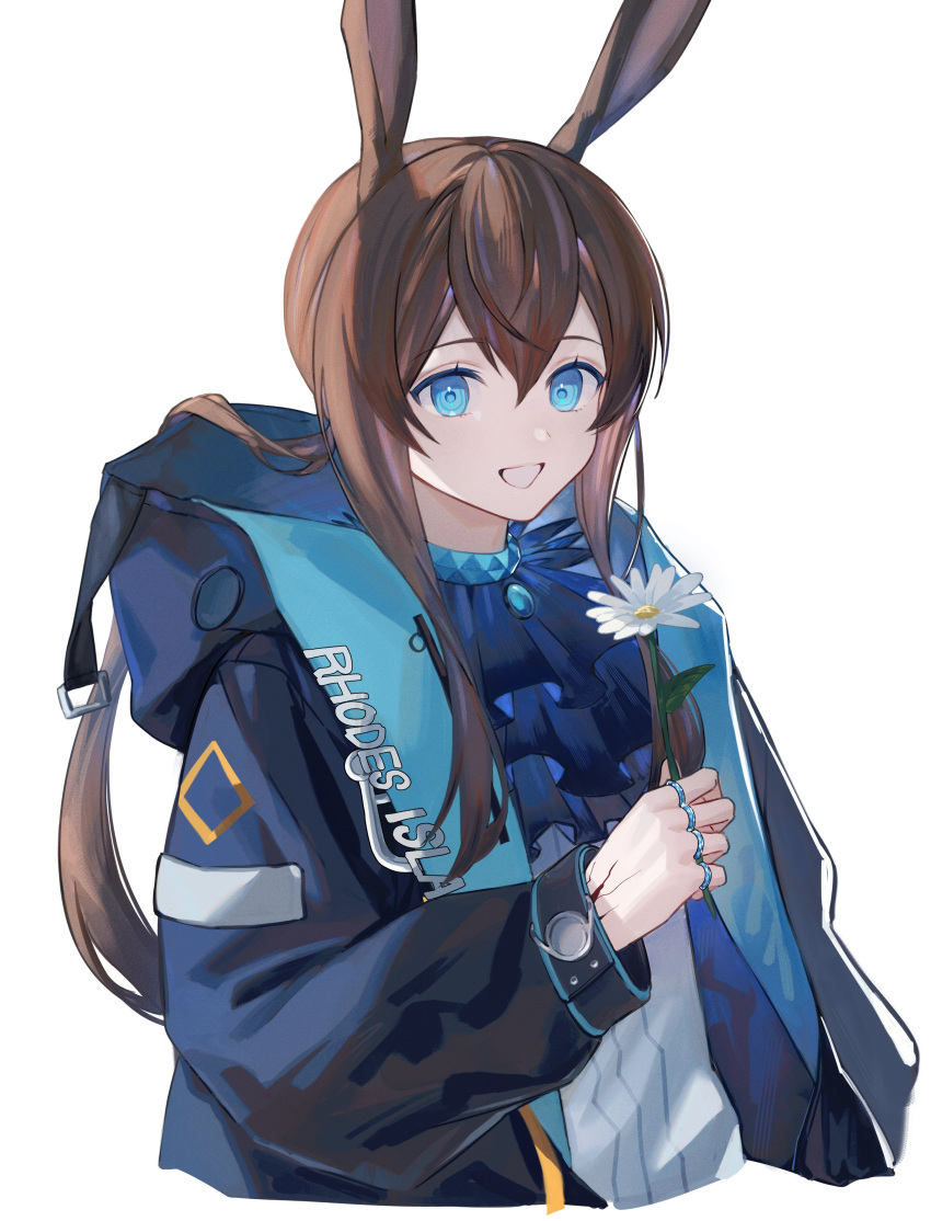 1girl absurdres amiya_(arknights) animal_ears arknights black_jacket blue_eyes brown_hair commentary_request cropped_torso flower gridman_universe hair_between_eyes highres holding holding_flower hood hood_down hooded_jacket iyo_(iyoo) jacket jewelry long_hair long_sleeves looking_at_viewer open_clothes open_jacket ponytail puffy_long_sleeves puffy_sleeves rabbit_ears ring shirt sidelocks simple_background sleeves_past_wrists smile ssss.gridman upper_body very_long_hair white_background white_flower white_shirt