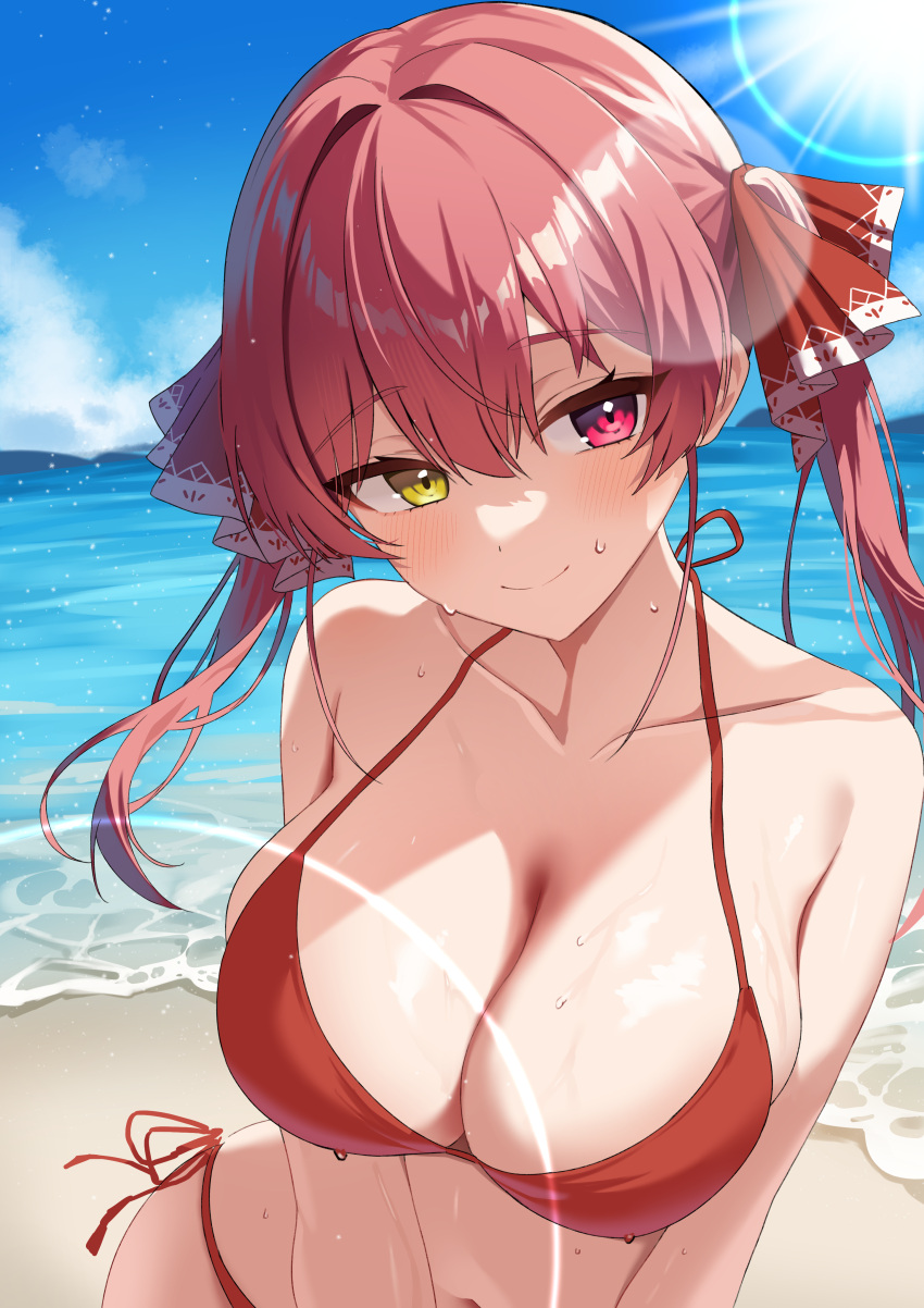 1girl absurdres beach bikini blue_sky breasts cleavage closed_mouth cloud commentary_request day hair_between_eyes hair_ribbon heterochromia highres hololive houshou_marine jjetotwt large_breasts lens_flare long_hair looking_at_viewer mountainous_horizon navel ocean outdoors red_bikini red_eyes red_hair ribbon side-tie_bikini_bottom sky smile sun sweat swimsuit twintails upper_body virtual_youtuber yellow_eyes