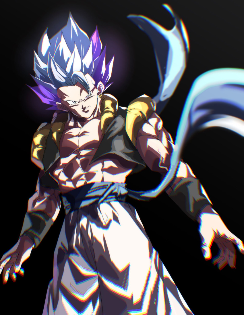 alternate_form alternate_universe black_background black_vest black_wristband blue_sash blurry blurry_background blurry_foreground cowboy_shot cropped_vest dragon_ball dragon_ball_super dragon_ball_super_broly earrings gogeta grey_eyes highres jewelry looking_at_viewer metamoran_vest multicolored_hair muscular muscular_male no_eyebrows pants purple_hair sash serious single_earring tkht_9315 two-tone_hair ultra_ego_(dragon_ball) ultra_instinct vest white_hair white_pants