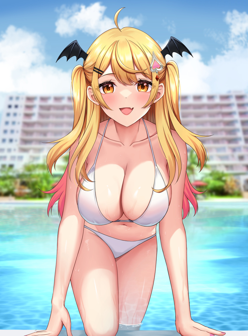 1girl absurdres bat_hair_ornament bikini blonde_hair blurry blurry_background blush breasts cleavage cloud cloudy_sky fang gradient_hair hair_ornament hairclip heart heart_hair_ornament highres hololive hotel large_breasts looking_at_viewer multicolored_hair navel open_mouth outdoors pink_hair pink_nails pool reflection reflective_water sei_joshikou shiny_skin skin_fang sky swimsuit virtual_youtuber white_bikini yellow_eyes yozora_mel