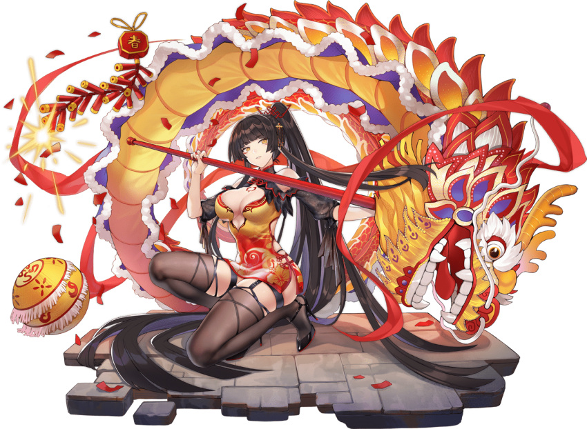 1girl absurdly_long_hair ark_order artist_request black_footwear black_hair black_thighhighs chest_tattoo china_dress chinese_clothes chinese_new_year confetti detached_sleeves dragon dragon_dance dress firecrackers hand_up high_heels high_ponytail holding holding_staff izanagi_no_mikoto_(ark_order) long_hair looking_at_viewer neck_ribbon non-web_source on_one_knee parted_lips puffy_short_sleeves puffy_sleeves red_ribbon ribbon shoes short_sleeves sidelocks solo staff stone_floor tattoo thighhighs very_long_hair yellow_dress yellow_eyes