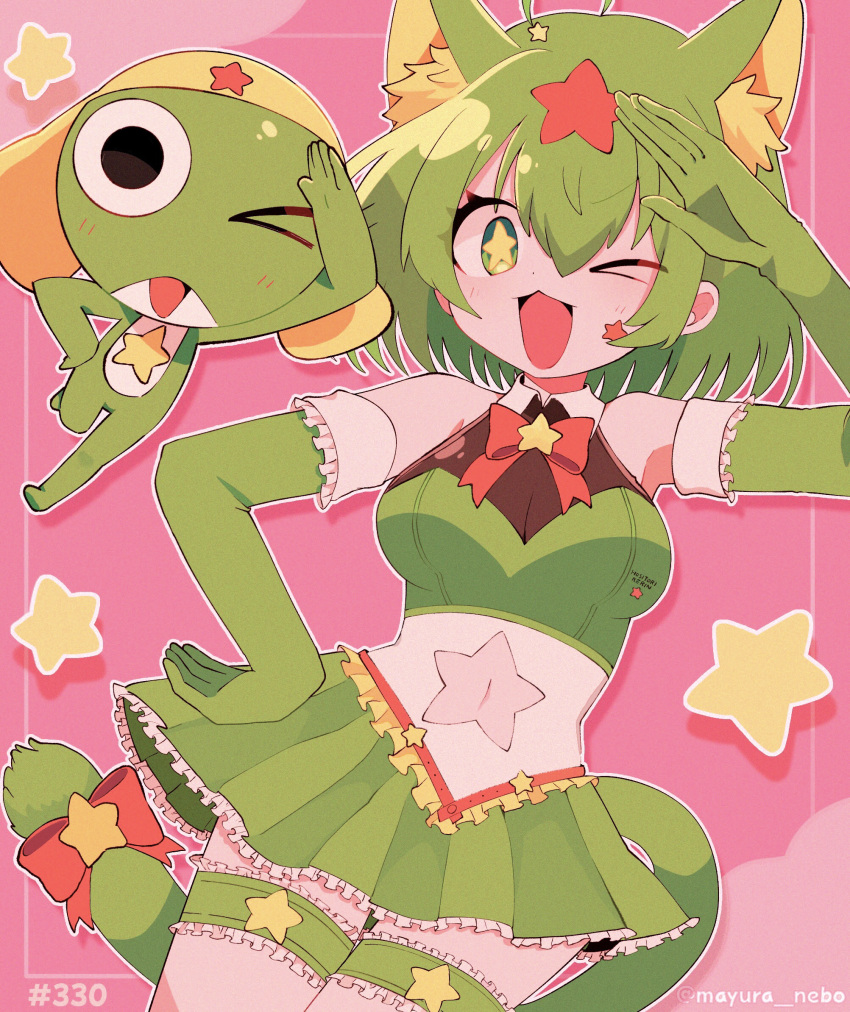 &gt;_o 1boy 1girl :3 animal_ears breasts cat_ears cat_girl cat_tail cleavage elbow_gloves gloves green_gloves green_hair green_skirt highres kemono_friends keroro keroro_gunsou large_breasts mayura_nebo navel one_eye_closed pleated_skirt short_hair skirt star-shaped_pupils star_(symbol) symbol-shaped_pupils tail