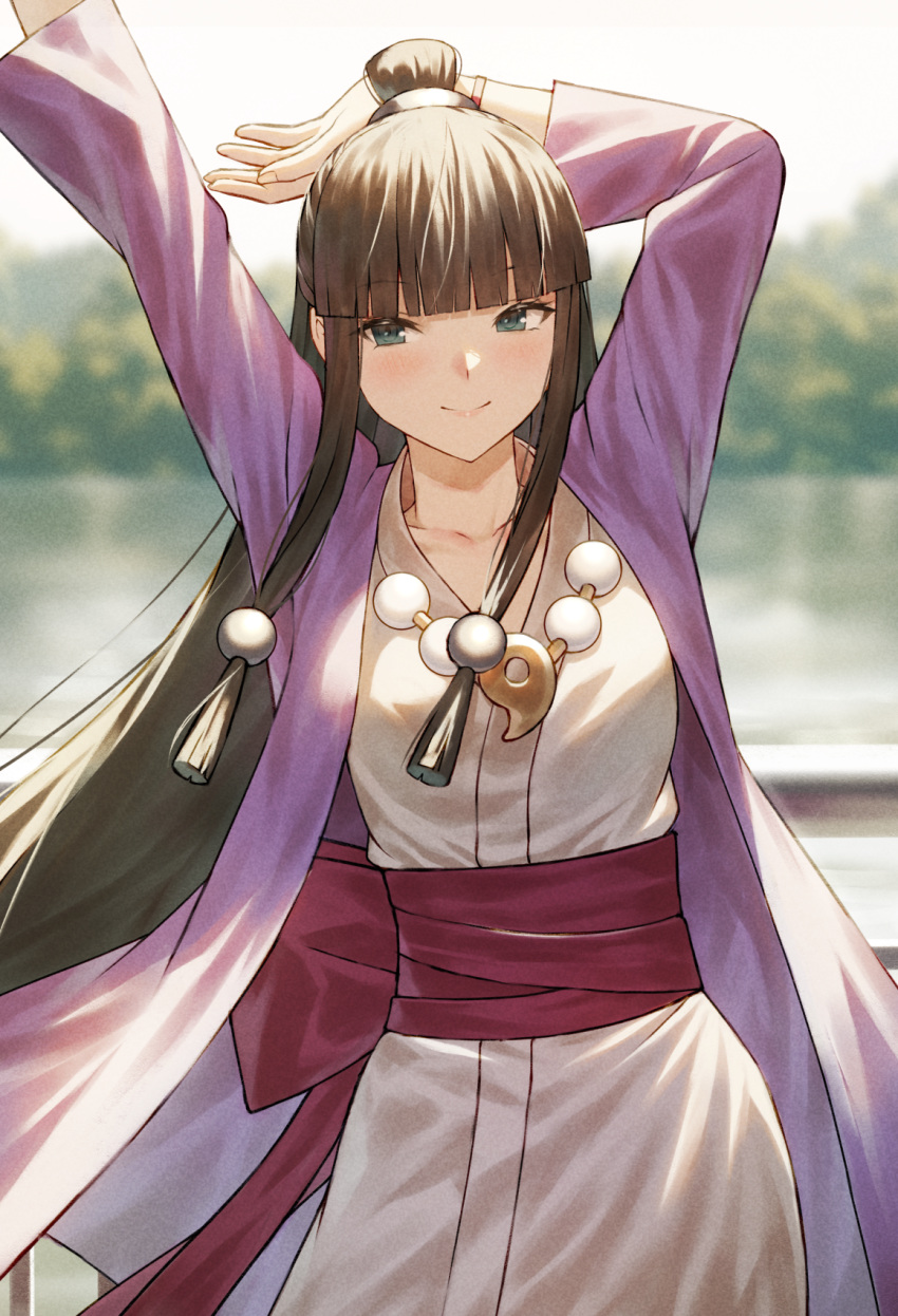 ace_attorney arms_up black_hair blue_eyes blush fagi_(kakikaki) hands_up hanten_(clothes) highres japanese_clothes jewelry kimono long_hair looking_to_the_side low-tied_sidelocks magatama magatama_necklace maya_fey necklace outdoors red_sash sash sidelocks smile very_long_hair