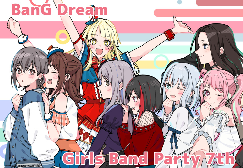 6+girls :d ^_^ armlet bang_dream! bang_dream!_it's_mygo!!!!! black_choker black_hair blonde_hair blue_jacket blush bow bowtie brown_eyes brown_hair choker closed_eyes clothing_cutout commentary_request copyright_name dress earrings green_eyes grey_hair hair_between_eyes half_updo hand_up hat highres jacket jewelry juliet_sleeves kurata_mashiro long_hair long_sleeves looking_at_viewer maruyama_aya minato_yukina mini_hat mitake_ran multicolored_hair multiple_girls nanami_(nunnun_0410) one_eye_closed open_mouth pink_eyes pink_hair puffy_sleeves purple_dress purple_eyes red_bow red_bowtie red_dress red_hair red_shirt red_wrist_cuffs shirt short_hair shoulder_cutout sidelocks smile streaked_hair sweatdrop takamatsu_tomori teeth toyama_kasumi tsurumaki_kokoro twintails twitter_username upper_teeth_only wakana_rei white_dress white_hat white_shirt wrist_cuffs yellow_eyes