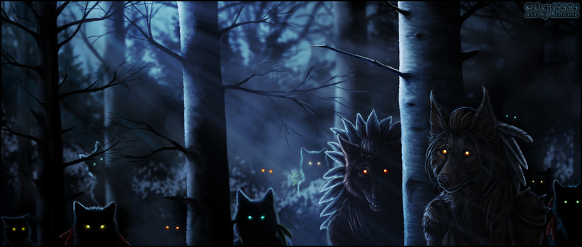 2018 anthro black_nose blue_eyes blue_theme brown_fur canine feral forest fur group looking_at_viewer mammal night sidonie tree wolf