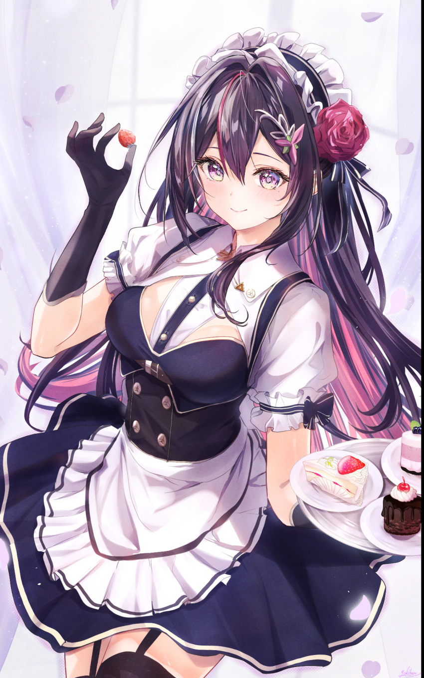 1girl apron azki_(hololive) black_hair blue_dress blush breasts cake cake_slice cleavage dress elbow_gloves falling_petals flower food frilled_apron frills garter_straps gloves hair_flower hair_ornament highres holding holding_tray hololive long_hair looking_at_viewer maid maid_apron maid_headdress medium_breasts multicolored_hair petals pink_hair purple_eyes smile solo thighhighs tray two-tone_hair virtual_youtuber waist_apron white_apron yuki_haru