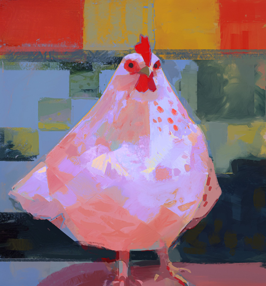 abstract_background animal_focus beak bird black_eyes chicken commentary english_commentary faux_traditional_media feathers full_body highres looking_at_viewer multicolored_background no_humans original painterly plump solo standing talons white_feathers yuming_li