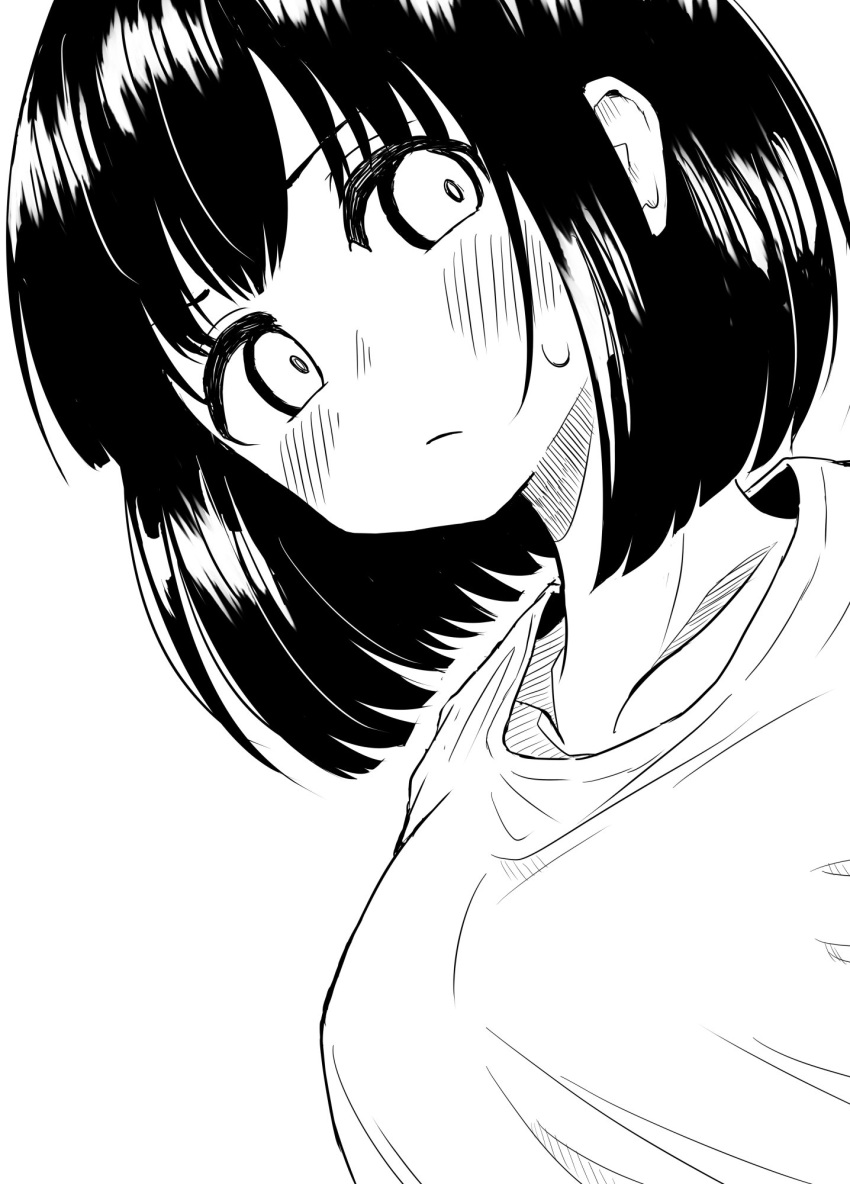 1girl bob_cut collarbone expressionless greyscale head_tilt highres looking_at_viewer monochrome no_nose original shirt short_hair simple_background smison solo upper_body