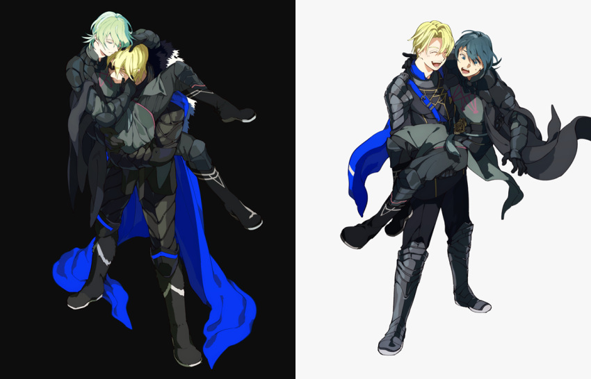 2boys armor armored_boots before_and_after black_background black_gloves black_hair blonde_hair blue_cloak blue_eyes blue_hair boots byleth_(fire_emblem) byleth_(male)_(fire_emblem) cape carrying carrying_person cloak closed_eyes commentary_request dimitri_alexandre_blaiddyd eyepatch fire_emblem fire_emblem:_three_houses full_body fur-trimmed_cloak fur_trim gauntlets gloves green_hair hand_on_another's_face male_focus multiple_boys oba-min open_mouth princess_carry short_hair shoulder_armor smile standing surprised sweatdrop white_background yaoi