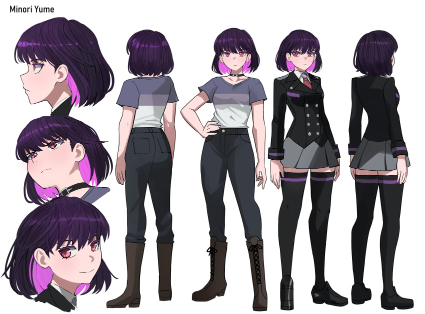 1girl boots character_name choker commentary english_commentary full_body hand_on_own_hip highres jourd4n knee_boots long_sleeves looking_at_viewer miniskirt minori_yume_(jourd4n) multicolored_hair necktie original pants purple_eyes purple_hair reference_sheet shirt short_hair short_sleeves simple_background skirt smile solo standing t-shirt thighhighs two-tone_hair uniform white_background zettai_ryouiki