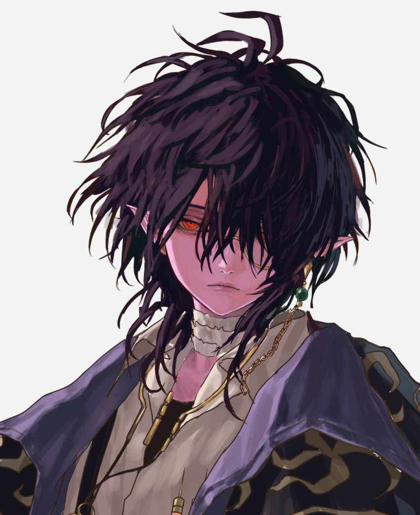 1boy bandaged_neck bandages black_coat black_hair black_shirt closed_mouth coat collared_shirt dimension_walker_(dungeon_and_fighter) dungeon_and_fighter expressionless geebee_79 hair_over_one_eye highres looking_at_viewer male_focus male_mage_(dungeon_and_fighter) medium_hair messy_hair monocle monocle_chain pointy_ears portrait red_eyes shirt simple_background solo white_shirt wolf_cut