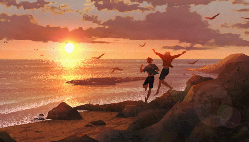 2boys arms_up barefoot beach bird black_hair blue_shirt blurry bokeh boulder clenched_hand cloud cloudy_sky day depth_of_field facing_away film_grain getou_suguru gojou_satoru hair_bun highres horizon jujutsu_kaisen jumping multiple_boys ocean open_hand outdoors outstretched_arms poupee_(capo_sung) red_shirt rock running sand scenery shirt short_hair shorts sky sun sunlight sunset water waves white_hair