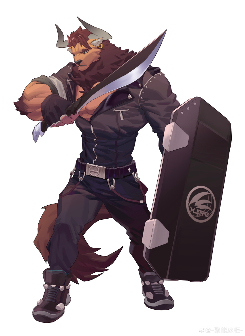 1boy absurdres animal_ears arknights bara cow_ears cow_horns dual_wielding full_body furrification furry furry_male highres holding holding_shield holding_sword holding_weapon horns ju_neng_binggui large_pectorals looking_at_viewer male_focus matterhorn_(arknights) minotaur muscular muscular_male partially_unbuttoned pectoral_cleavage pectorals serious shield short_hair solo standing sword weapon