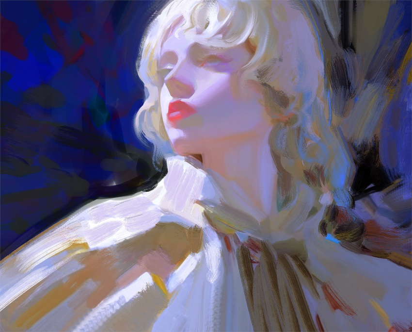 1girl abstract_background blonde_hair blue_background capelet closed_mouth faux_traditional_media highres lips long_hair looking_afar original parted_lips portrait red_lips sketch solo sunlight turning_head upper_body wavy_hair white_hair yuming_li