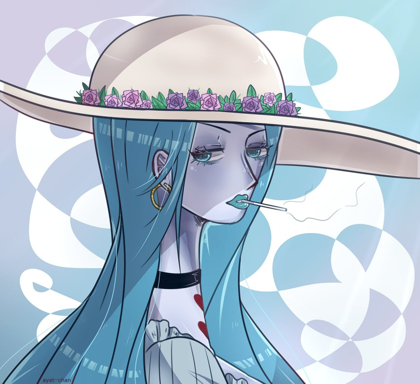 1girl ayat_chan black_choker blue_eyes blue_lips blue_theme charlotte_amande choker cigarette close-up earrings english_commentary flower hat jewelry large_hat long_hair looking_at_viewer one_piece sidelocks smoke solo straight_hair white_hat