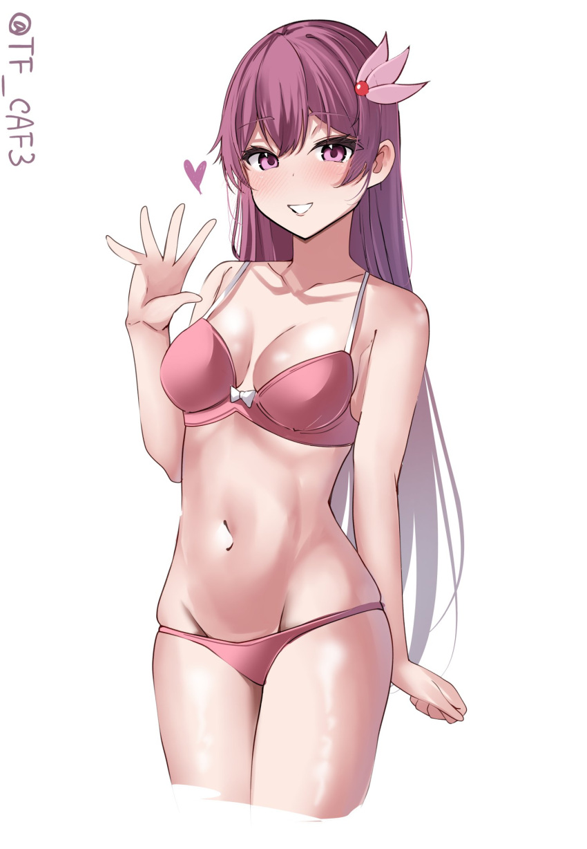 1girl blush bra breasts brown_hair cowboy_shot hair_ornament heart highres kantai_collection kisaragi_(kancolle) long_hair looking_at_viewer navel one-hour_drawing_challenge panties pink_bra pink_panties purple_eyes simple_background small_breasts smile solo tf_cafe twitter_username underwear underwear_only white_background