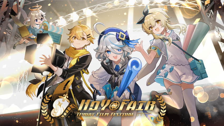 1boy 3girls :d absurdres aether_(genshin_impact) ahoge beret black_jacket blonde_hair blue_eyes blue_hat brother_and_sister clapperboard commentary_request furina_(genshin_impact) genshin_impact hat highres jacket long_braid long_hair looking_at_viewer lumine_(genshin_impact) multiple_girls official_art paimon_(genshin_impact) scarf shirt shorts siblings smile standing thighhighs very_long_hair white_hair white_shirt white_shorts white_thighhighs yellow_eyes yellow_scarf