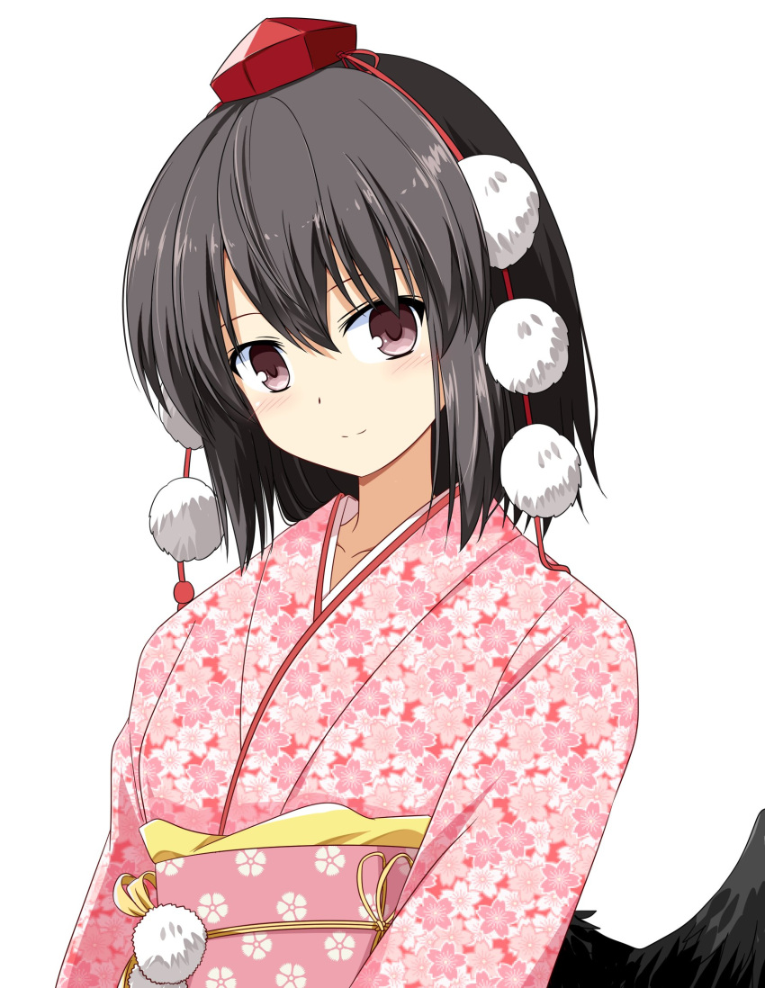 1girl alternate_costume bird_wings black_hair black_wings brown_eyes commentary floral_print floral_print_kimono hat highres japanese_clothes kimono light_blush long_sleeves looking_at_viewer obi obijime pink_kimono pom_pom_(clothes) print_kimono red_hat rise_(rise19851203) sash shameimaru_aya short_hair simple_background smile solo tokin_hat touhou white_background wings