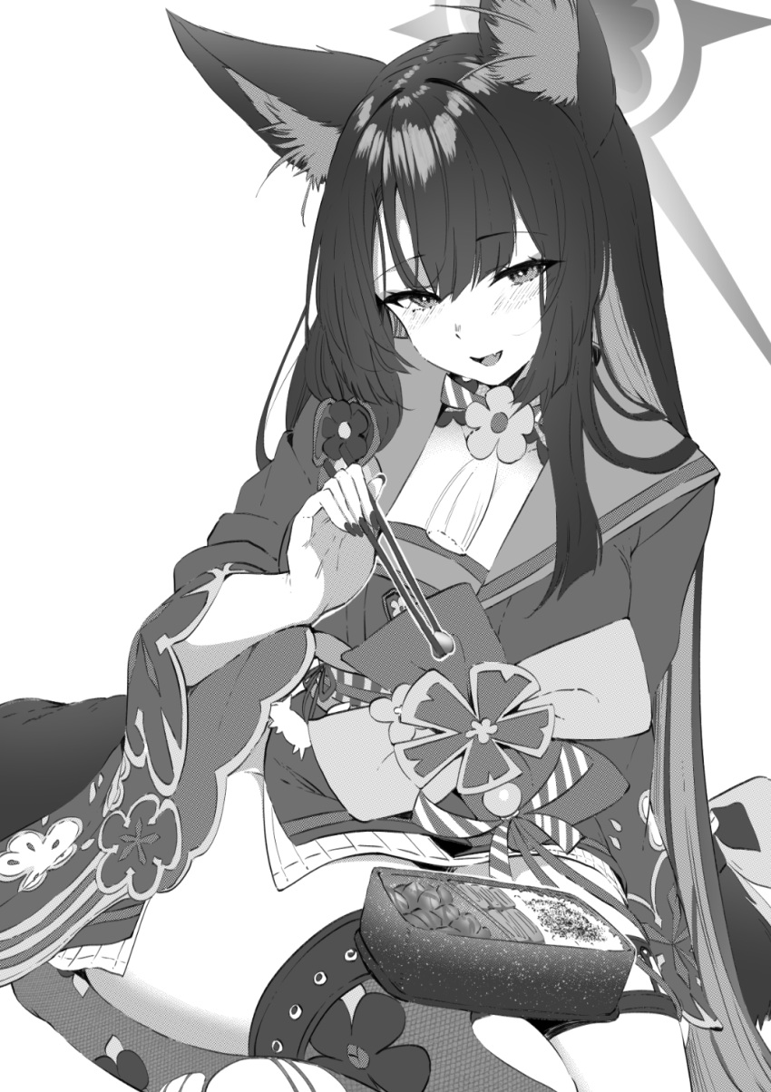 1girl animal_ears bento blue_archive blush chopsticks commentary fox_ears fox_girl fox_tail greyscale highres holding holding_chopsticks japanese_clothes jun_project kimono looking_at_viewer monochrome open_mouth side_slit simple_background sitting solo tail thighs wakamo_(blue_archive) white_background