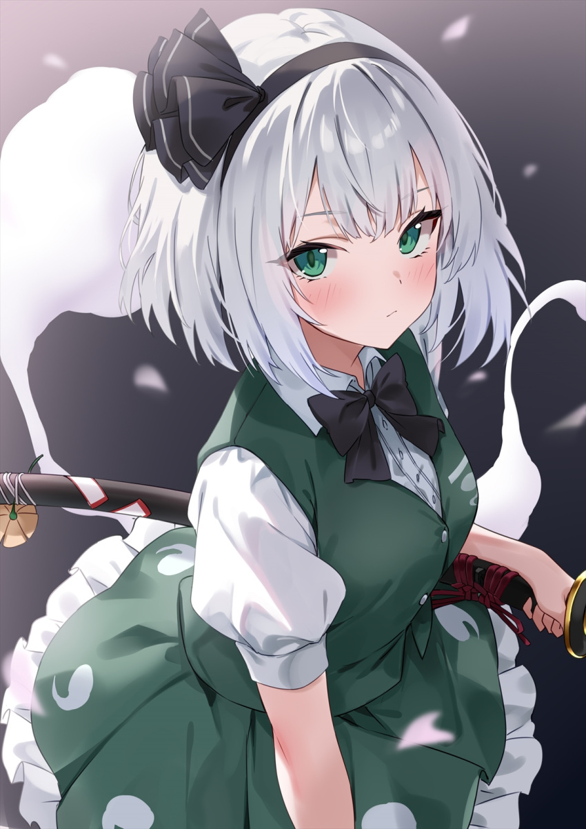 1girl black_bow black_bowtie black_hairband bow bowtie closed_mouth collared_shirt commentary_request dark_background expressionless frilled_skirt frills green_eyes green_skirt green_vest grey_hair hairband highres holding holding_sword holding_weapon katana konpaku_youmu konpaku_youmu_(ghost) looking_at_viewer marisasu_(marisa0904) puffy_short_sleeves puffy_sleeves scabbard sheath shirt short_hair short_sleeves simple_background skirt solo sword touhou triangular_headpiece vest weapon white_shirt