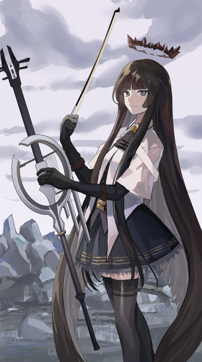 12 1girl absurdres arknights black_gloves black_hair black_skirt black_thighhighs blunt_bangs bright_pupils cloud cloudy_sky commentary feet_out_of_frame gloves grey_eyes highres holding holding_instrument instrument long_hair looking_at_viewer miniskirt outdoors shirt skirt sky smile solo standing thighhighs very_long_hair virtuosa_(arknights) white_pupils white_shirt