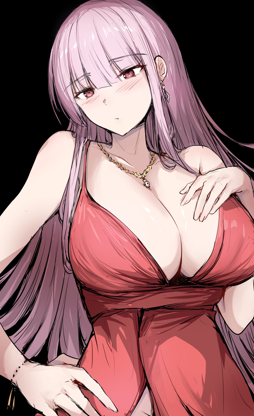 1girl absurdres blunt_bangs blush bracelet breasts cleavage dress earrings hair_between_eyes hand_on_own_chest hand_on_own_hip highres hololive hololive_english jewelry large_breasts long_hair mori_calliope necklace pink_hair red_eyes sak1_01 sidelocks sleeveless sleeveless_dress solo very_long_hair virtual_youtuber