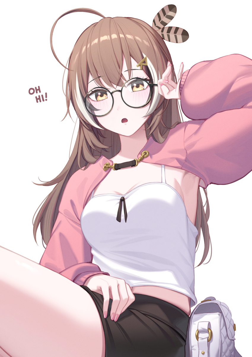 1girl :o absurdres adjusting_eyewear ahoge alternate_costume arm_up armpits bag black-framed_eyewear breasts brown_eyes brown_hair camisole casual detached_sleeves english_text erezu feather_hair_ornament feathers glasses hair_ornament hairclip handbag highres hololive hololive_english long_hair long_sleeves looking_at_viewer medium_breasts midriff multicolored_hair nanashi_mumei open_mouth pink_nails pink_sleeves puffy_long_sleeves puffy_sleeves round_eyewear shirt short_shorts shorts shrug_(clothing) sleeveless sleeveless_shirt streaked_hair thighs virtual_youtuber white_bag white_camisole white_shirt