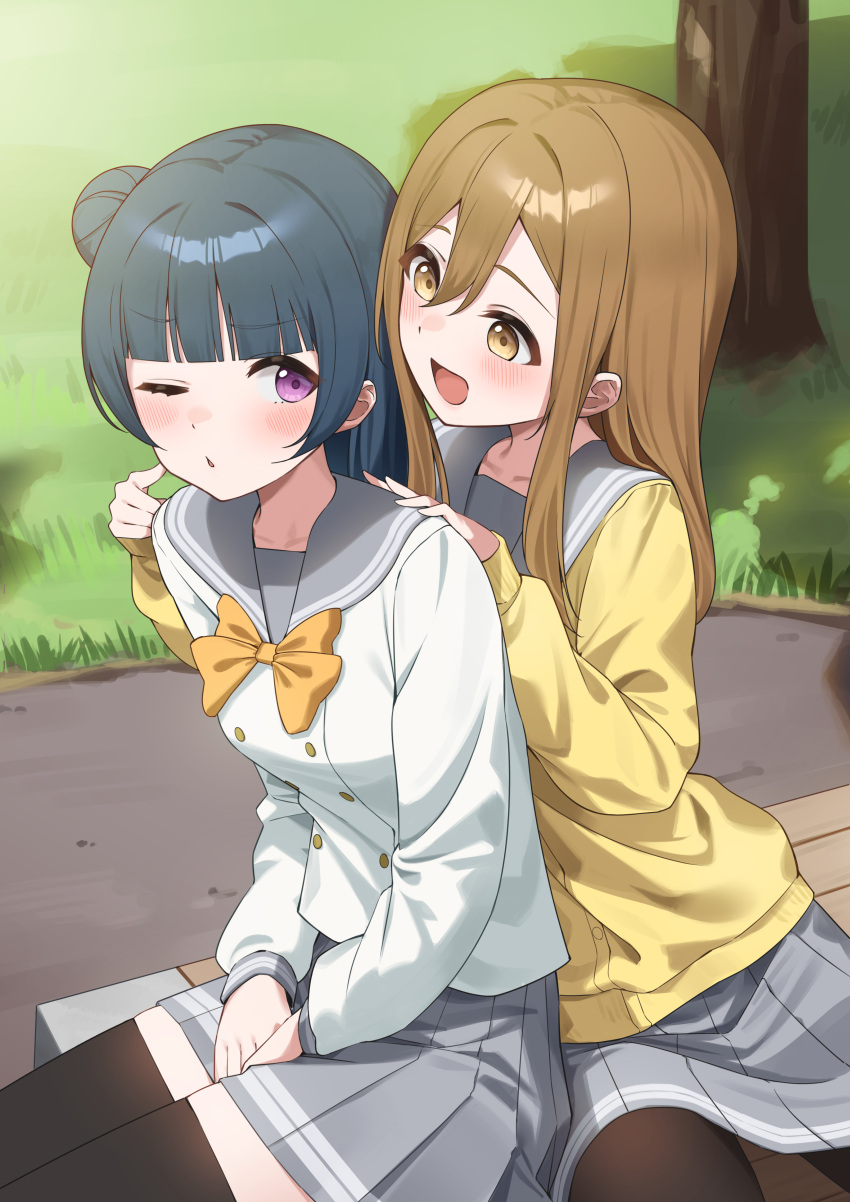 2girls absurdres black_pantyhose black_thighhighs blue_hair blunt_bangs blush bow bowtie brown_eyes brown_hair buttons cardigan cheek_poking collarbone commentary_request double-breasted enpik grey_sailor_collar grey_skirt hair_between_eyes hair_bun highres hime_cut kunikida_hanamaru long_hair long_sleeves looking_at_another love_live! love_live!_sunshine!! multiple_girls one_eye_closed open_mouth outdoors pantyhose parted_lips pleated_skirt poking purple_eyes sailor_collar school_uniform sidelocks single_side_bun sitting skirt thighhighs tsushima_yoshiko upper_body uranohoshi_school_uniform winter_uniform yellow_bow yellow_bowtie yellow_cardigan zettai_ryouiki