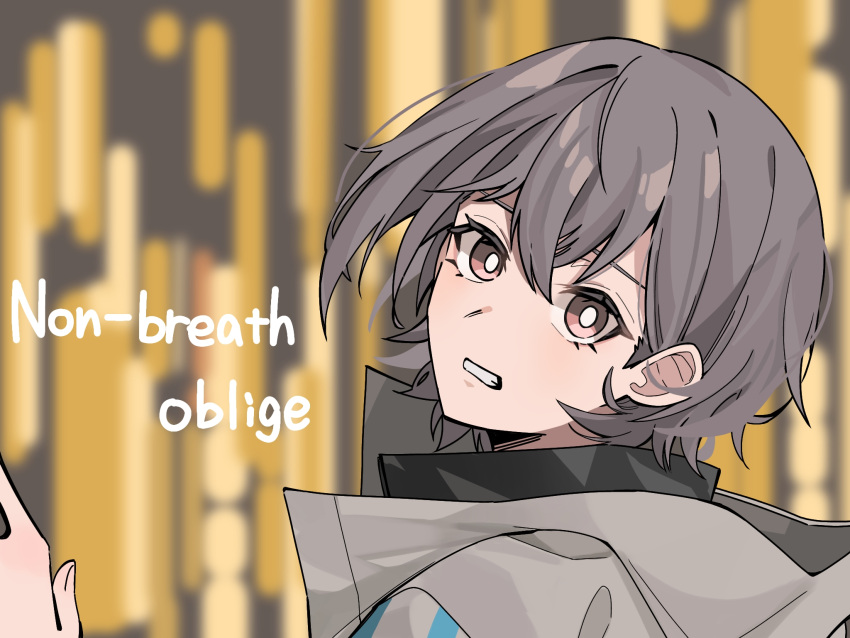 1girl bang_dream! bang_dream!_it's_mygo!!!!! blurry blurry_background brown_eyes clenched_teeth commentary_request english_text floating_hair grey_hair grey_jacket hair_between_eyes highres jacket looking_at_viewer nanami_(nunnun_0410) non-breath_oblige_(vocaloid) short_hair solo song_name takamatsu_tomori teeth upper_body